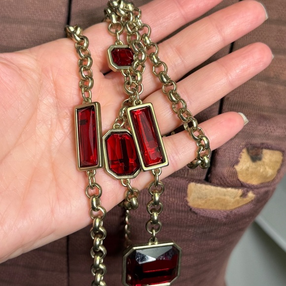 Chico's Goldtone & Faux Ruby Red Lariat Length Rolo Chain Necklace - Picture 6 of 12